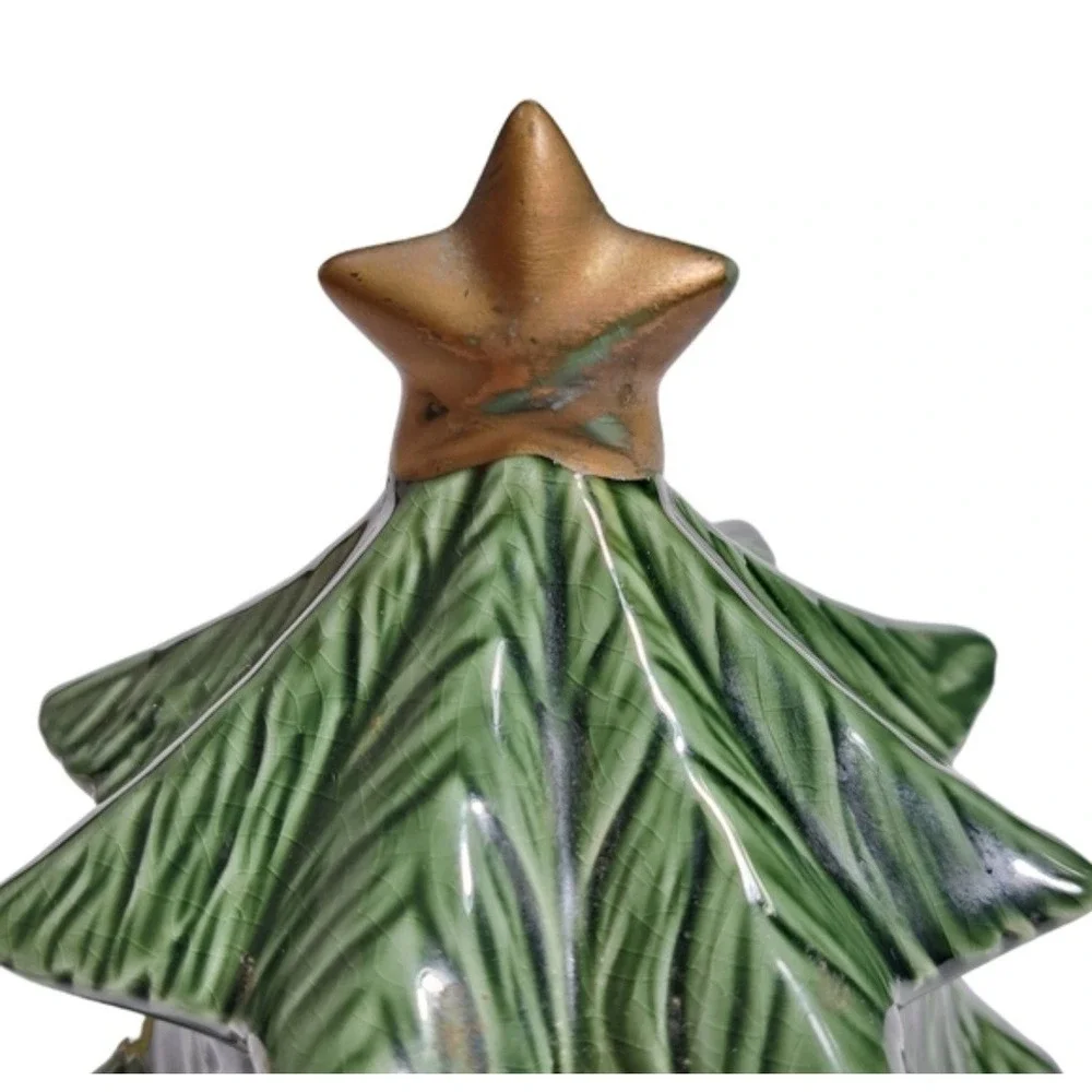 Vintage Ceramic Christmas Tree 4pc Set Green Leaf Pattern Napkin Holder Salt